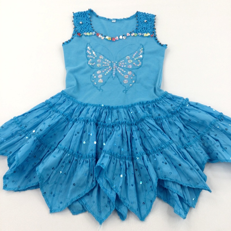 Beads & Sequins Butterfly Blue Jersey & Cotton Dress - Girls 3-4 Years