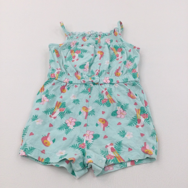 Birds & Flowers Pale Green & Pink Lightweight Jersey Playsuit - Girls 9-12 Months