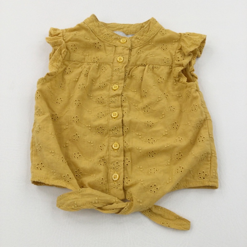 Broderie Flowers Mustard Yellow Tie Front Cotton Blouse - Girls 9-12 Months