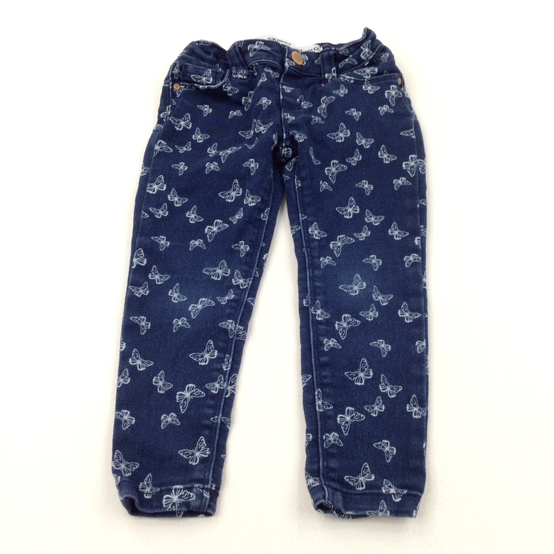 Butterflies Dark Blue Skinny Denim Jeans with Adjustable Waistband - Girls 3-4 Years