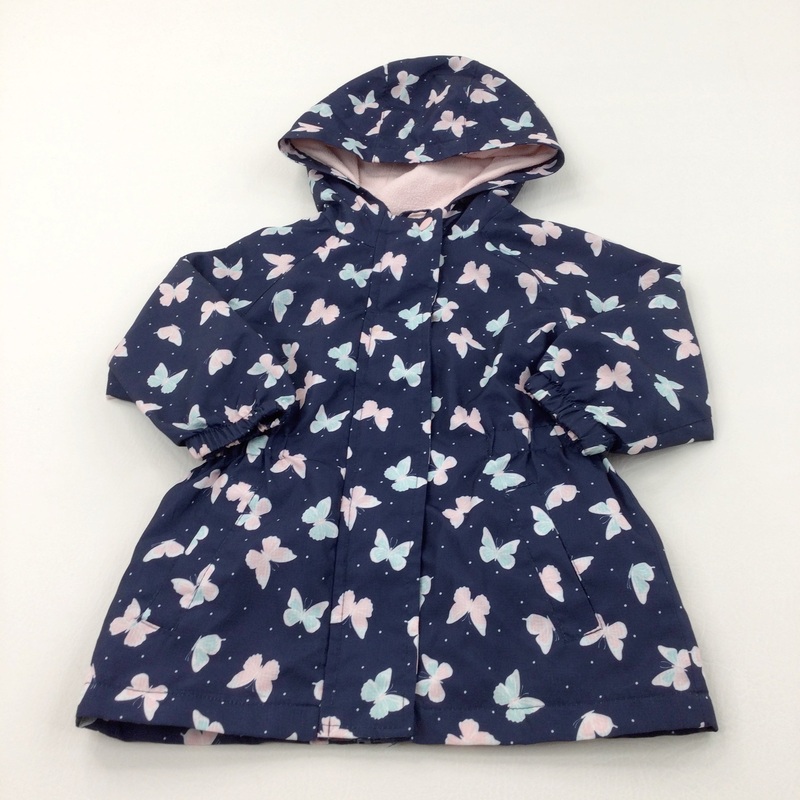 Butterflies Pink, Blue & Navy Fleece Lined Lightweight Showerproof Coat with Hood - Girls 18-24 Months