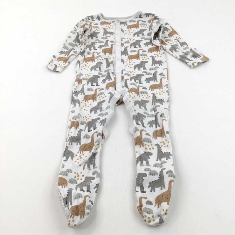 Dinosaurs White, Grey & Tan Babygrow with Non-Slip Feet - Boys 18-24 Months