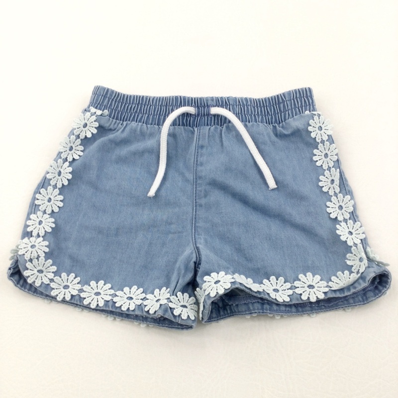 Flowers Appliqued Pale Blue Lightweight Denim Shorts - Girls 12-18 Months