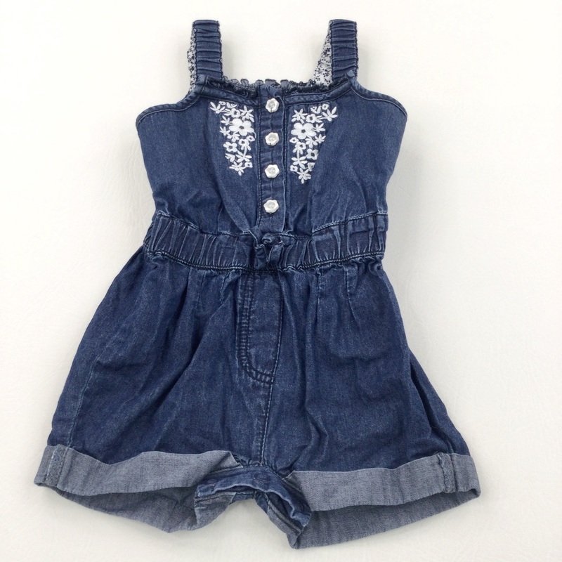 Flowers Embroidered Dark Blue Cotton Denim Effect Cotton Playsuit - Girls 9-12 Months