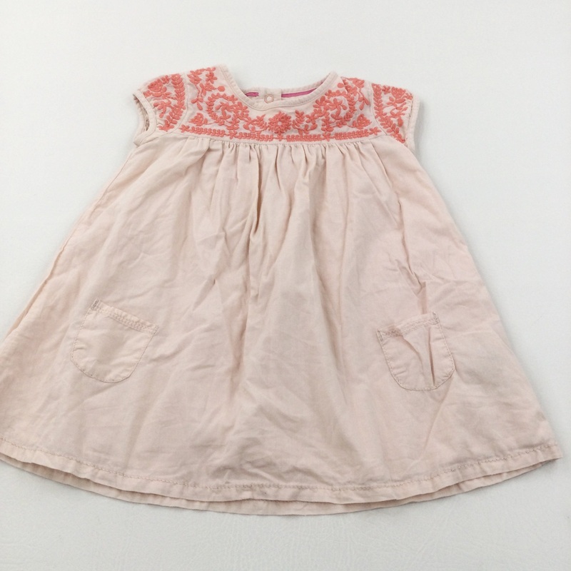 Flowers Embroidered Peach Cotton Party Dress - Girls 9-12 Months