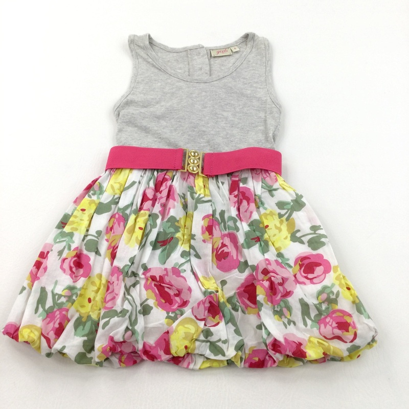 Flowers Pink, Yellow, White & Grey Jersey & Cotton Dress with Belt - Girls 4 Years