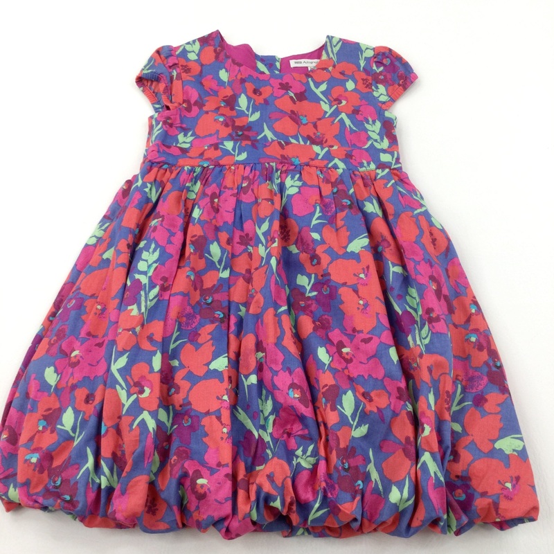 Flowers Red, Blue & Pink Cotton Bubble Hem Party Dress - Girls 3-4 Years