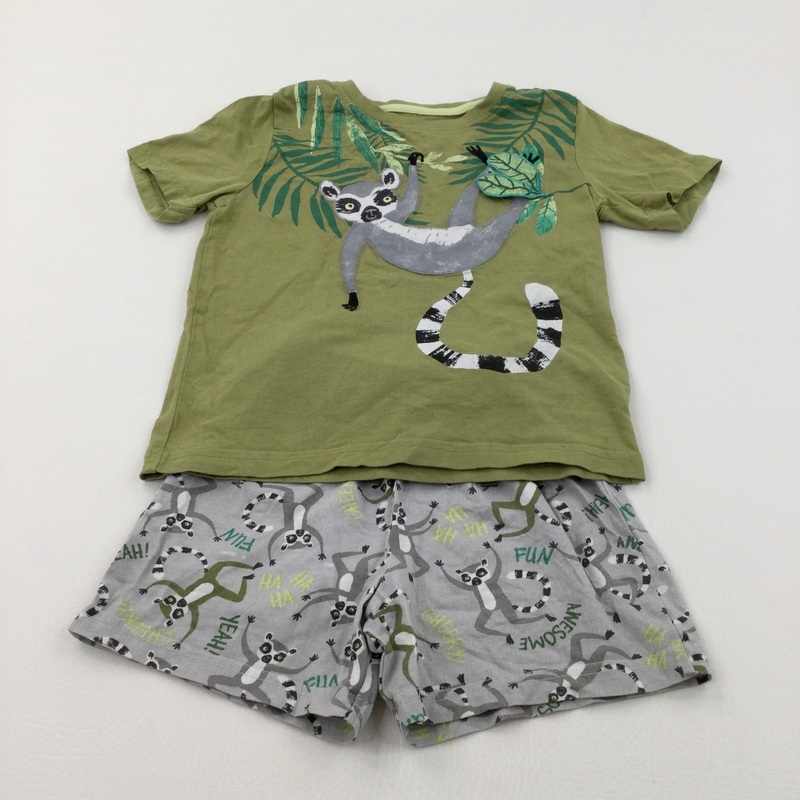 Lemur Appliqued Green & Grey Short Pyjamas - Boys 4-5 Years