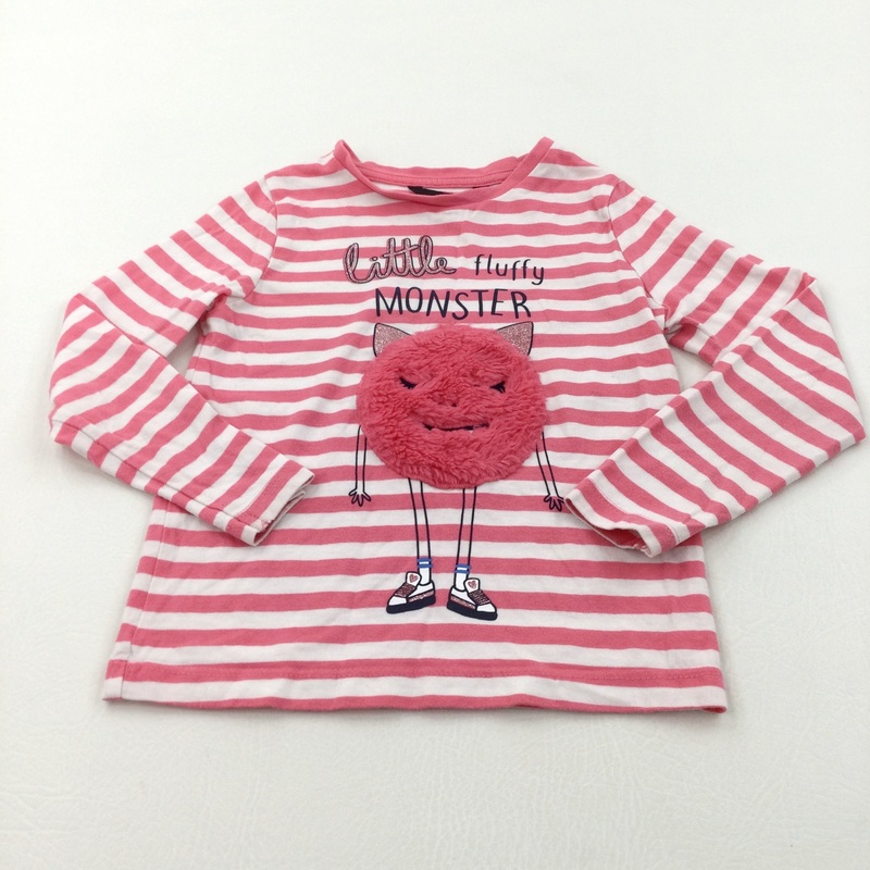'Little Fluffy Monster' Appliqued Pink & White Striped Long Sleeve Top - Girls 3-4 Years