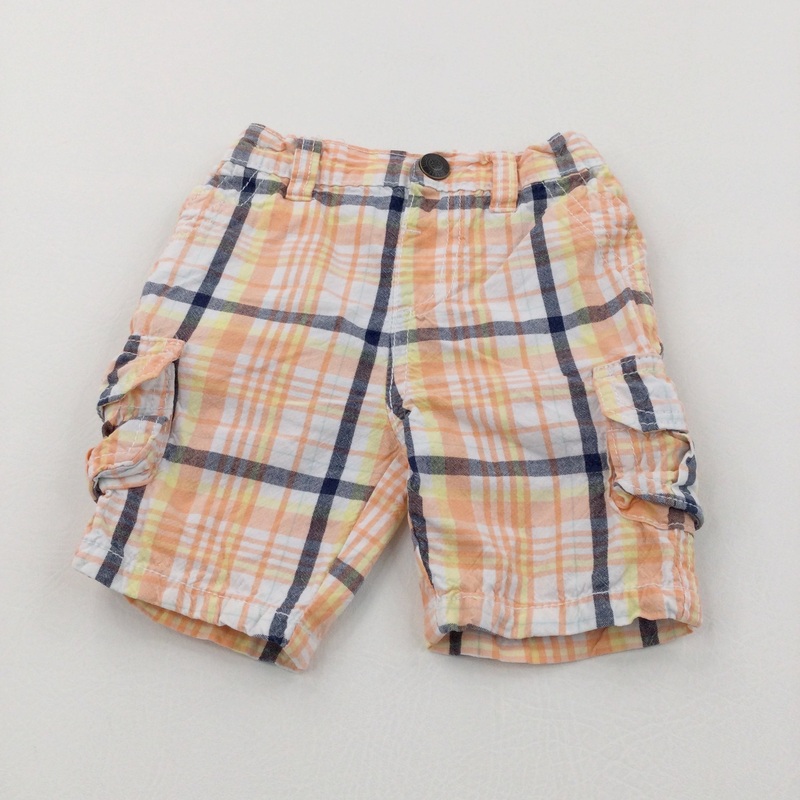 Orange, Navy & White Checked Lightweight Cotton Cargo Shorts - Boys 9-12 Months