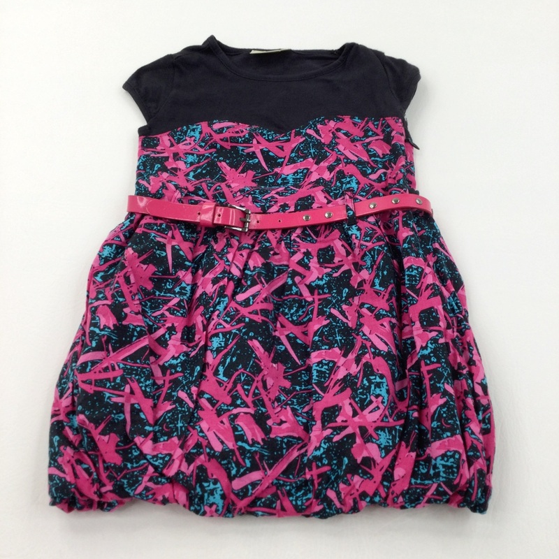 Patterned Pink, Blue & Black Cotton & Jersey Bubble Hem Dress with Belt - Girls 3-4 Years