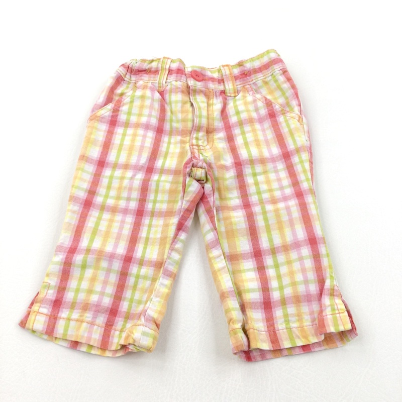 Red, Yellow, Pink & White Checked Cotton Shorts with Adjustable Waistband - Girls 18-24 Months
