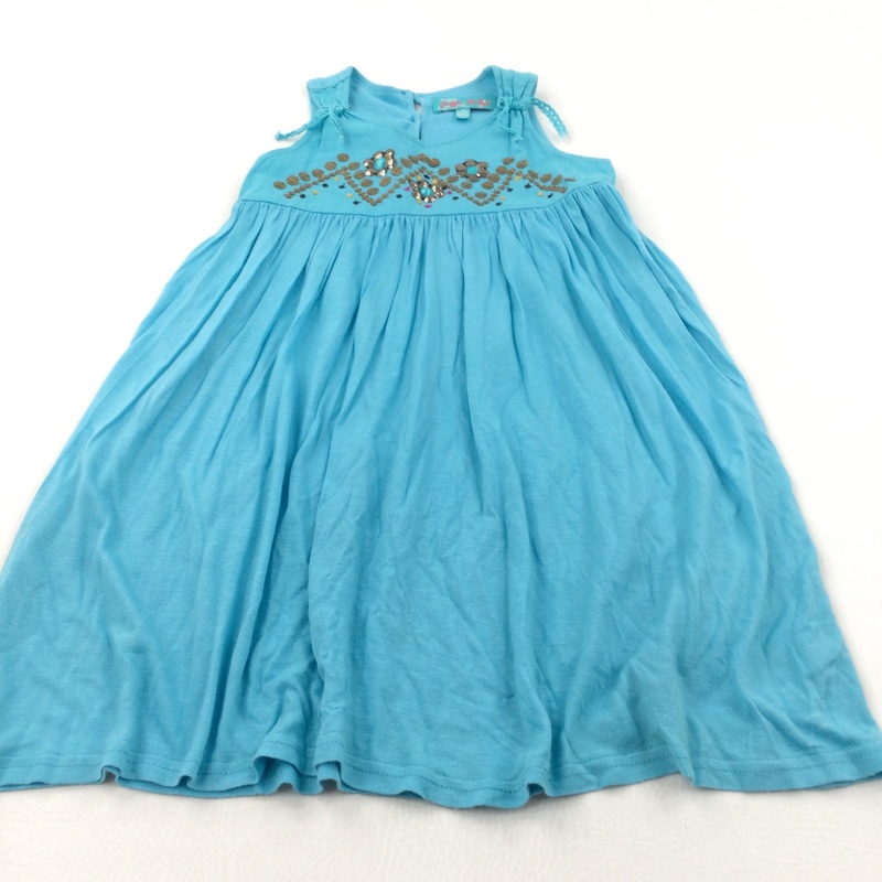 Sequins Embroidered Blue Sleeveless Jersey Sun Dress - Girls 3-4 Years