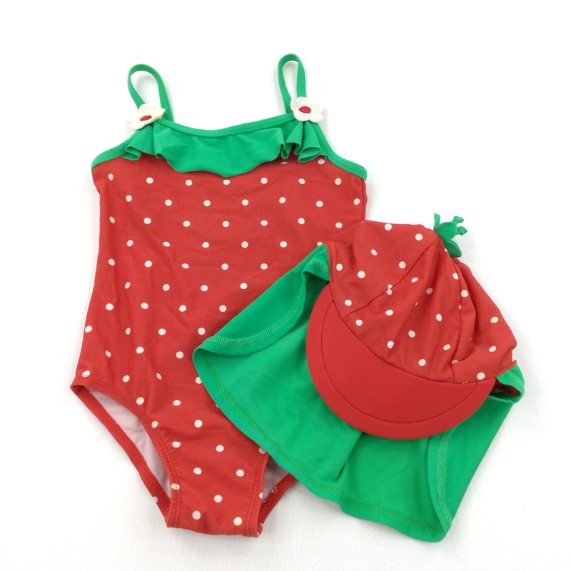 Strawberry Red & Green Swimming Costume & Hat with Neck Protector Set - Girls 2-3 Years