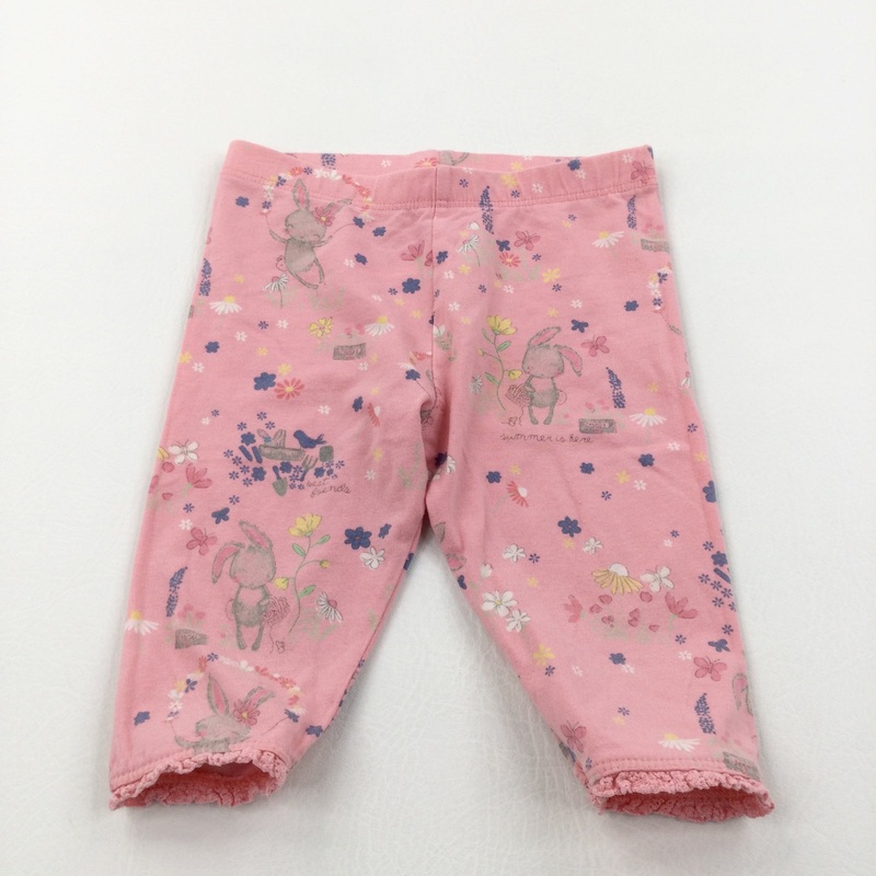 'Summer Is Here' Rabbits & Flowers Coral Pink Cropped Leggings/Long Jersey Shorts - Girls 12-18 Months