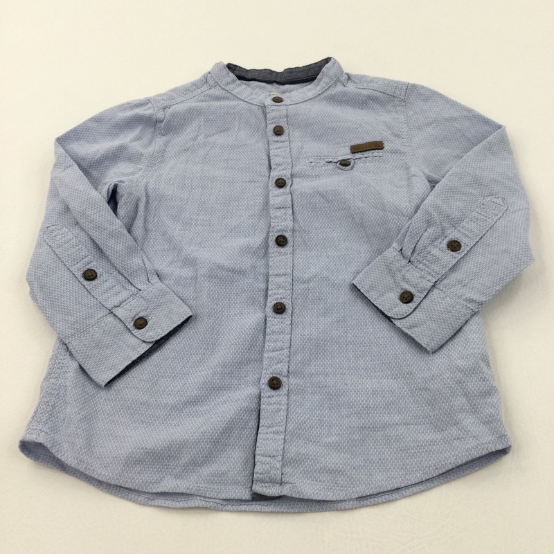 Textured Blue Cotton Collarless Shirt - Boys 3-4 Years