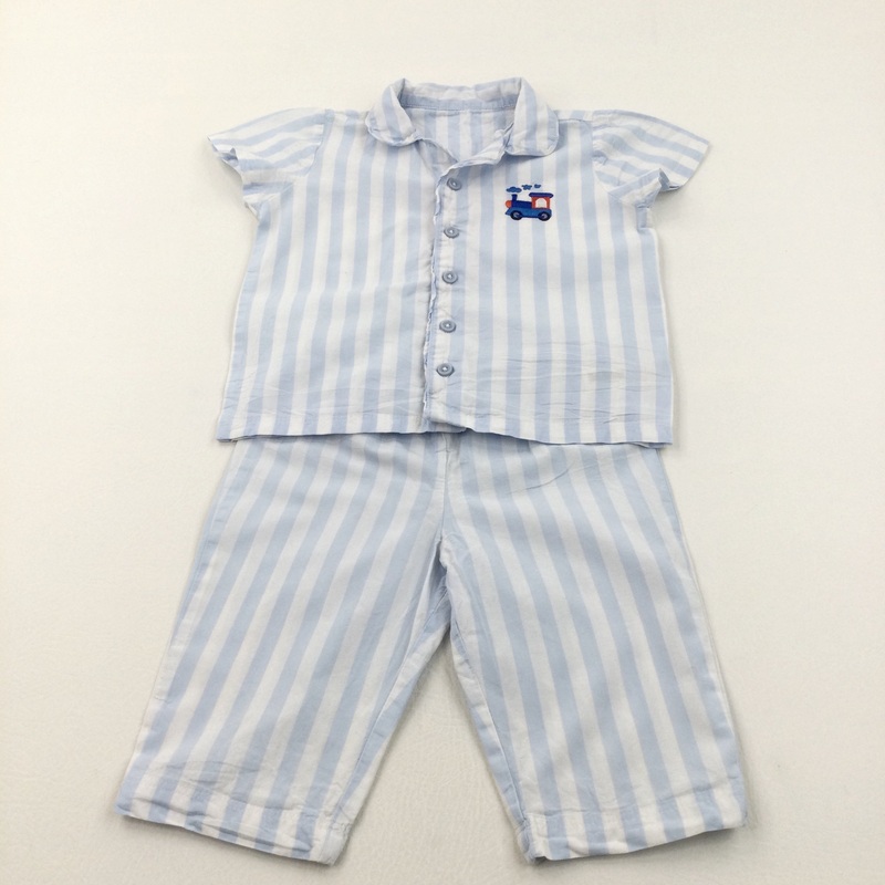 Trains Motif Blue & White Striped Cotton Short Pyjamas - Boys 18-24 Months