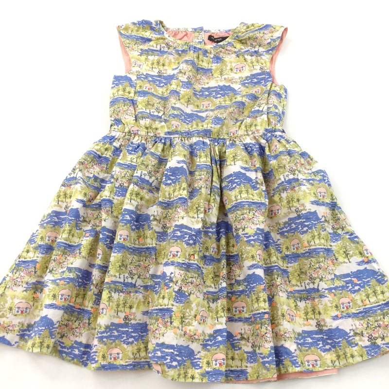 Trees & Cottages Green, Blue & White Cotton Summer/Party Dress - Girls 4-5 Years