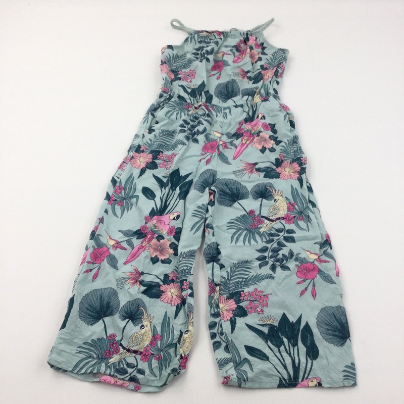 Birds & Flowers Pale Green & Pink Cotton Jumpsuit - Girls 9-10 Years