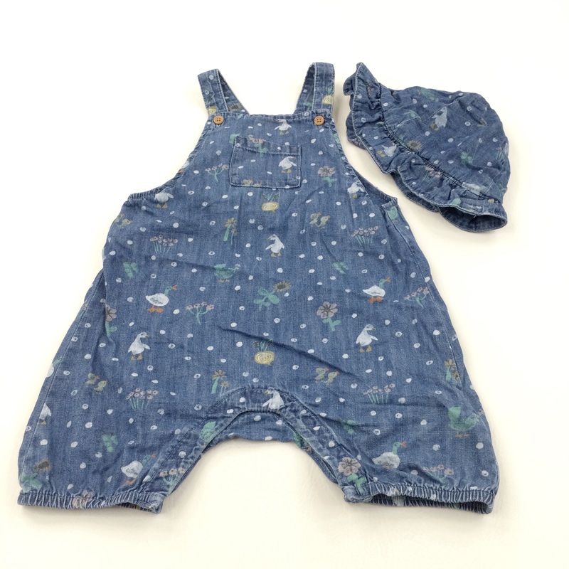 Birds & Flowers Spotty Mid Blue Denim Short Dungarees & Matching Hat Set - Girls 2-3 Years