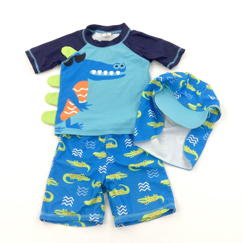 Crocodiles Navy, Blue & Green Three Piece Sun/Beach Suit & Hat with Neck Protector - Boys 3 Years