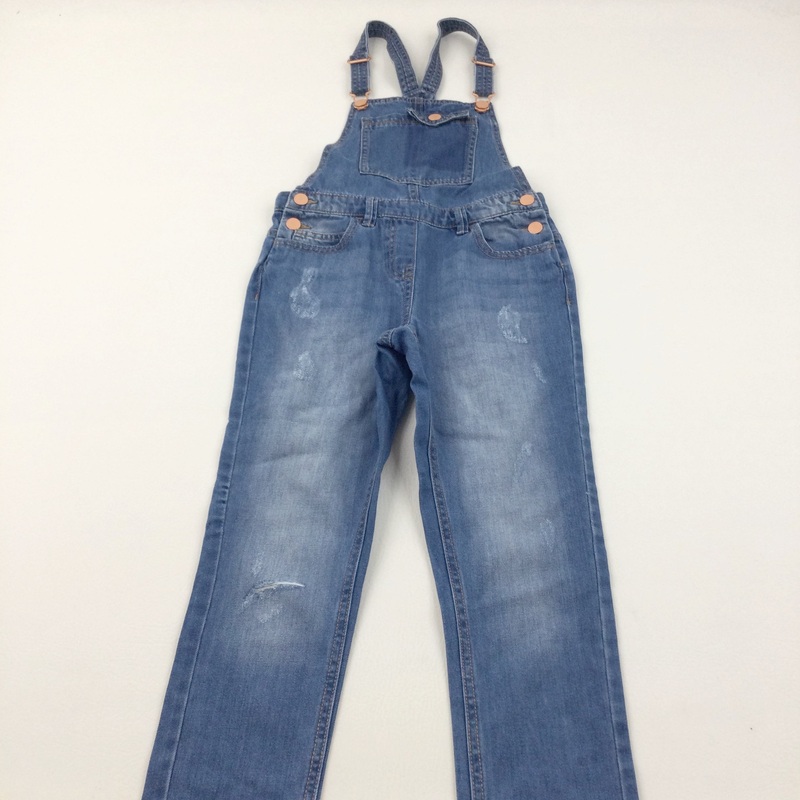 Distressed Mid Blue Denim Dungarees - Girls 10 Years