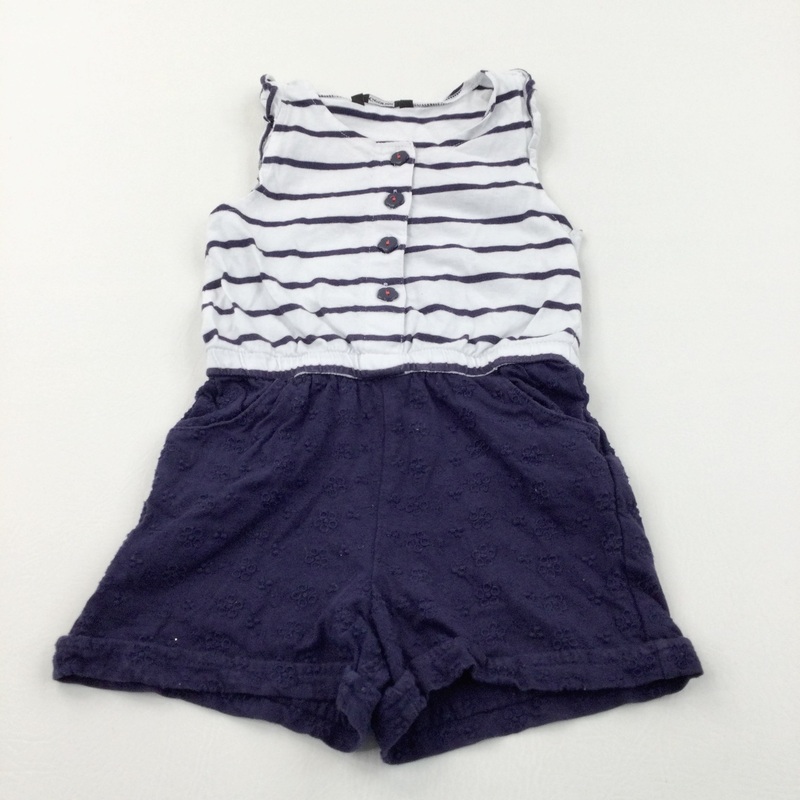 Embroidered Flowers & Stripes White & Navy Cotton & Jersey Playsuit - Girls 3-4 Years
