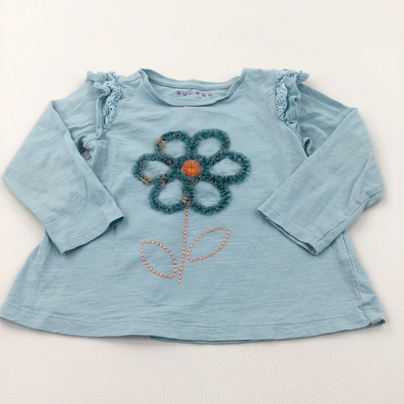 Flower Appliqued Blue Long Sleeve Top - Girls 3-4 Years