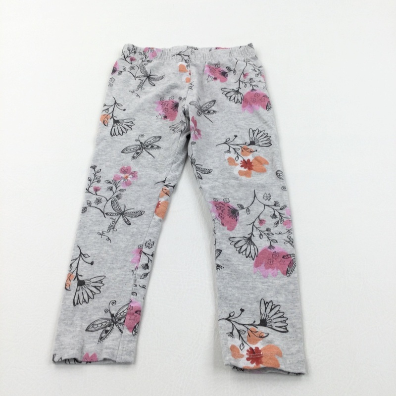 Flowers & Dragonflies Grey Leggings - Girls 3-4 Years