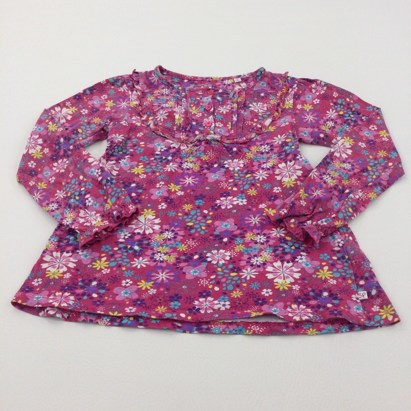 Flowers Pink, Blue & Red Long Sleeve Top with Frill Details - Girls 6-7 Years