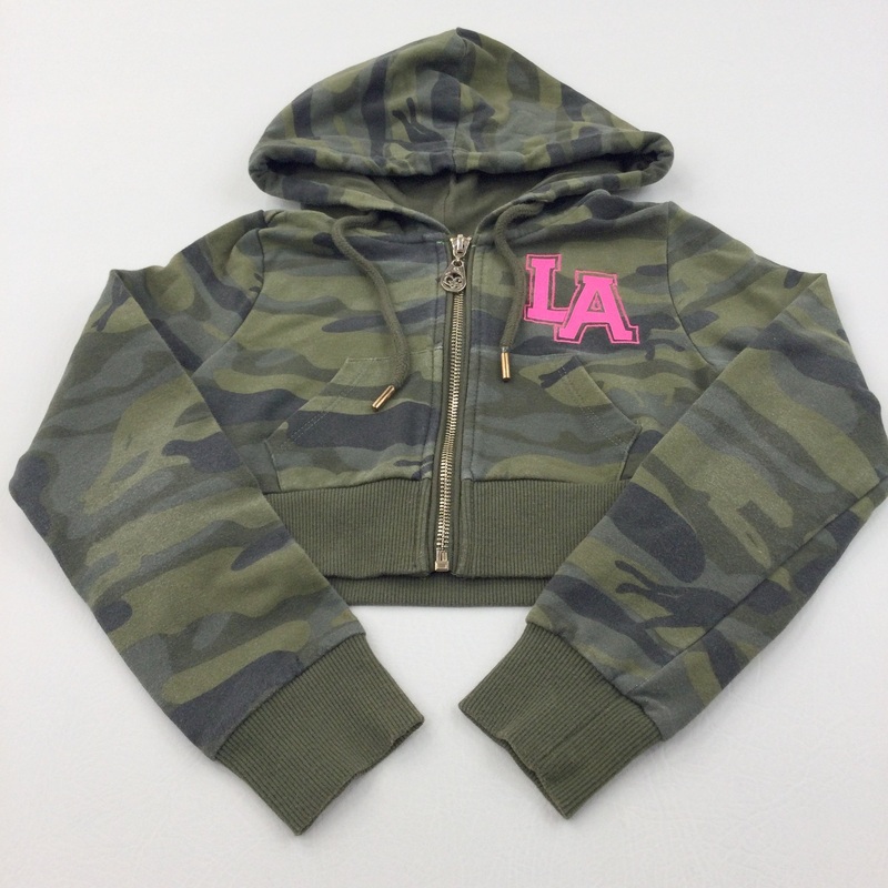 'LA' Pink & Green Camouflage Cropped Hoodie Sweatshirt - Girls 7-8 Years