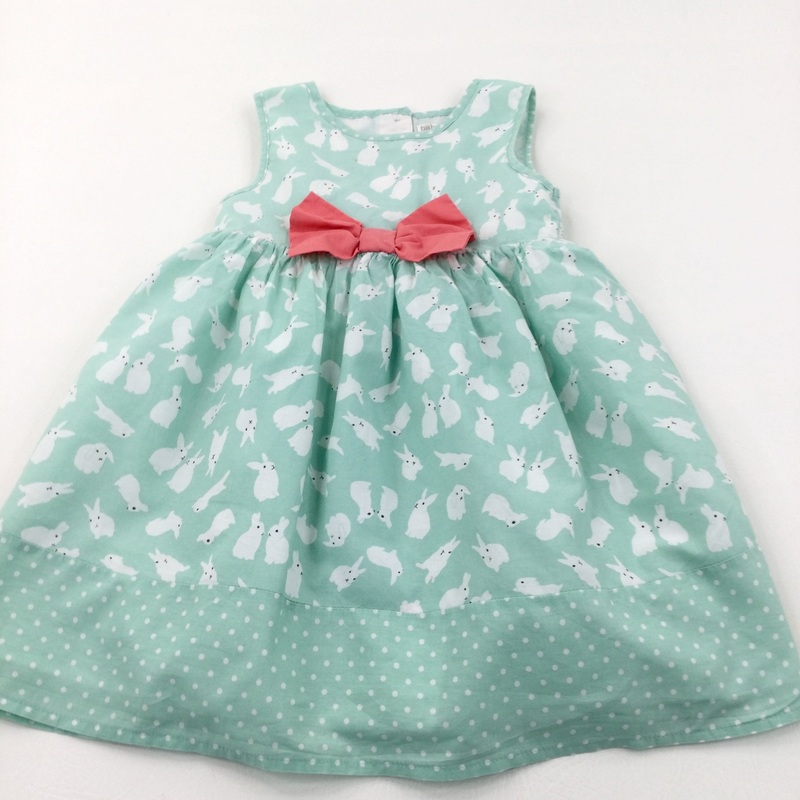 Rabbits White & Pale Green Cotton Sun Dress with Pink Bow - Girls 2-3 Years