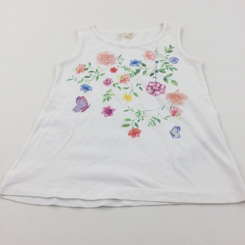 Sparkly Appliqued Flowers & Leaves White Sleeveless T-Shirt - Girls 7-8 Years