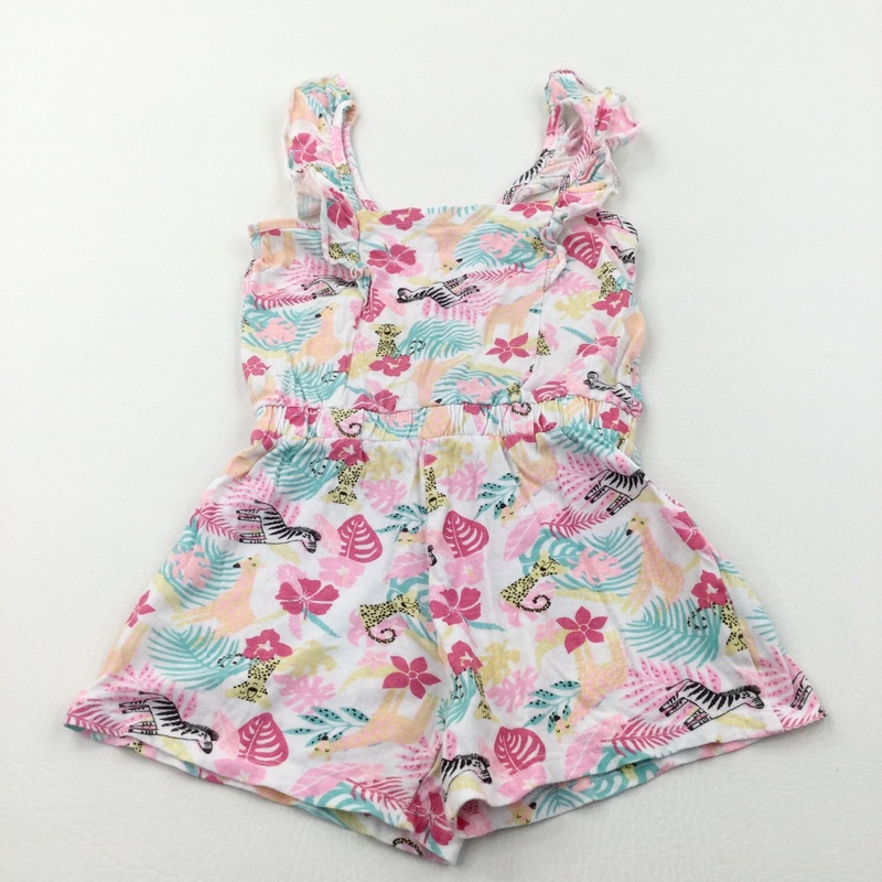 Wild Animals & Leaves Colourful Lightweight Jersey Playsuit - Girls 2-3 Years
