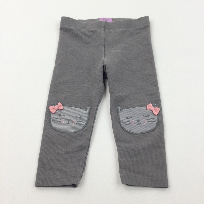Appliqued Cats Grey Textured Leggings - Girls 9-12 Months