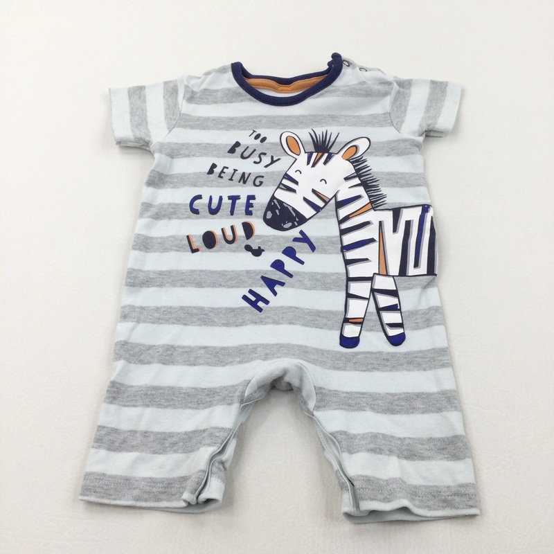 'Busy Being Cute, Loud & Happy' Zebra Grey & White Striped Jersey Romper - Boys 9-12 Months