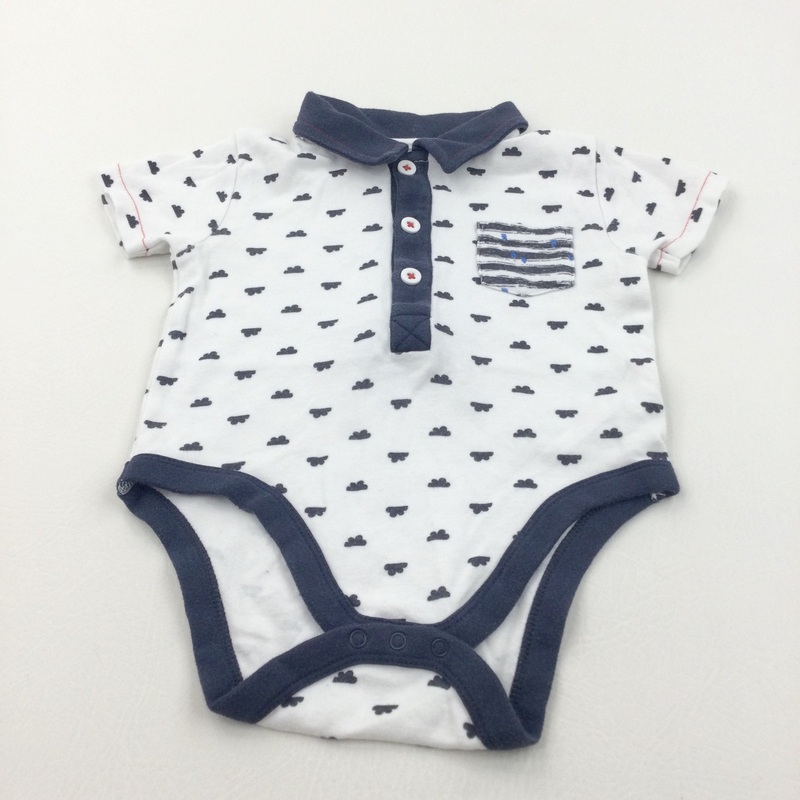 Clouds Black, White & Navy Polo Shirt Style Short Sleeve Bodysuit - Boys 12-18 Months