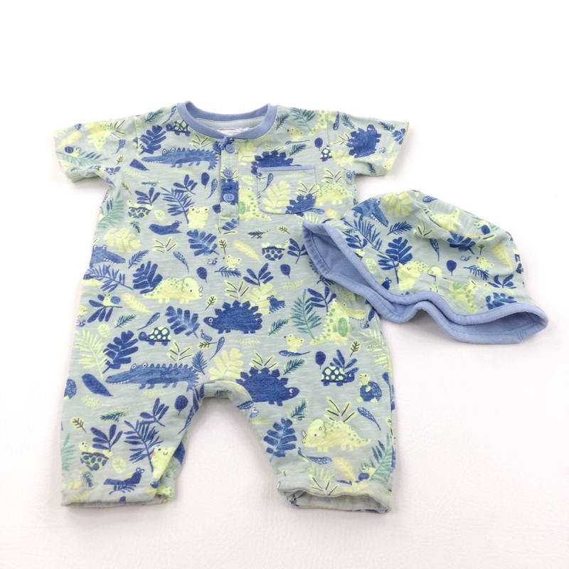 Dinosaurs & Leaves Pale Green, Yellow & Blue Jersey Romper & Sun Hat Set - Boys 9-12 Months
