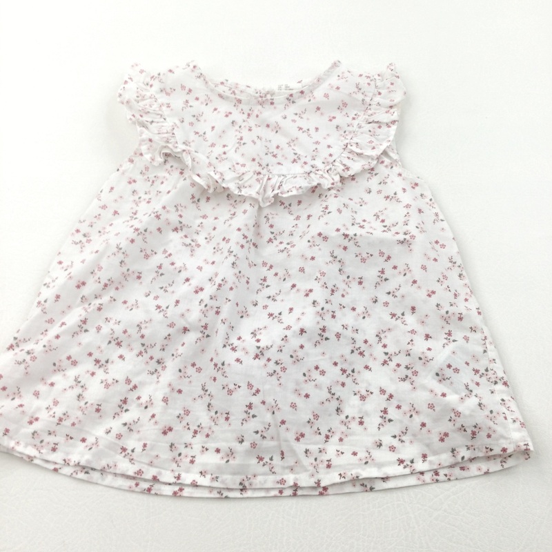 Flowers Pink & White Sleeveless Cotton Blouse - Girls 12-18 Months