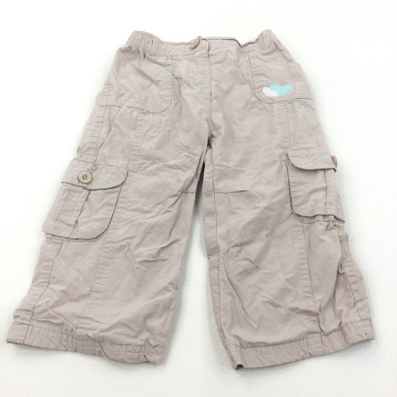 Hearts Embroidered Mint Green & Beige Lightweight Cotton Trousers - Girls 12-18 Months