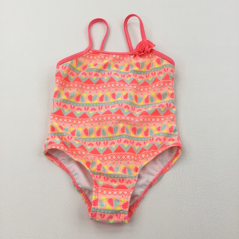 Hearts Pattern Neon Orange Swimming Costume - Girls 12-18 Months