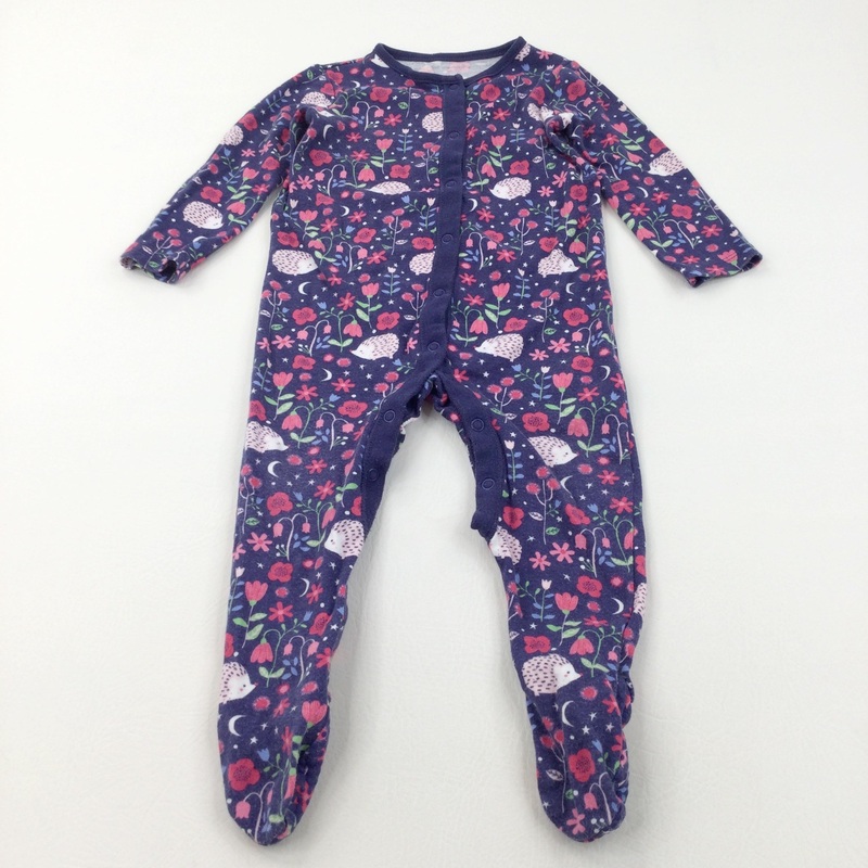 Hedgehogs & Flowers Navy & Pink Babygrow with Non-Slip Feet - Girls 12-18 Months