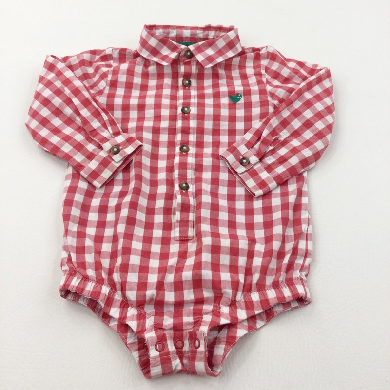 Monster Motif Red & White Checked Cotton Shirt Style Long Sleeve Bodysuit - Boys 18-24 Months