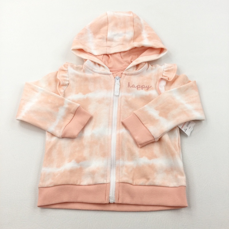 **NEW** 'Happy' Peach & White Zip Up Hoodie Sweatshirt - Girls 18-24 Months