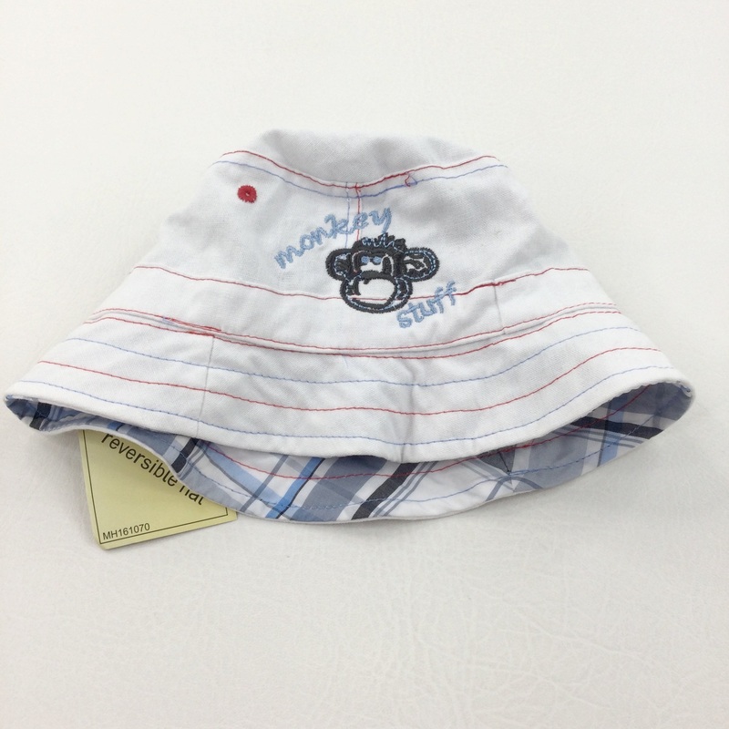 **NEW** 'Monkey Stuff' Embroidered Reversible White, Red & Blue Cotton Sun Hat - Boys 1-2 Years
