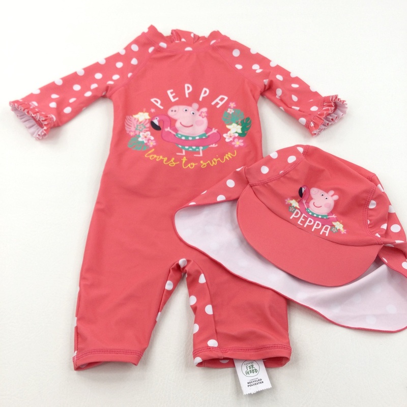 **NEW** 'Peppa Loves To Swim' Peppa Pig Coral Pink Sun/Beach Suit & Matching Hat Set - Girls 18-24 Months