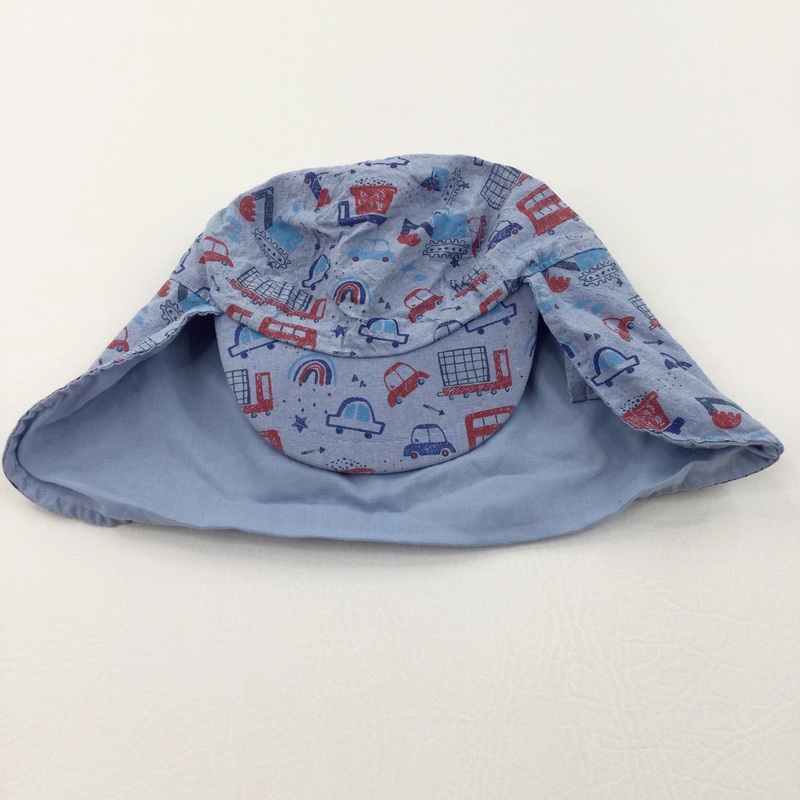 Rainbows & Vehicles Blue & Red Cotton Cap With Neck Protector - Boys 1-3 Years