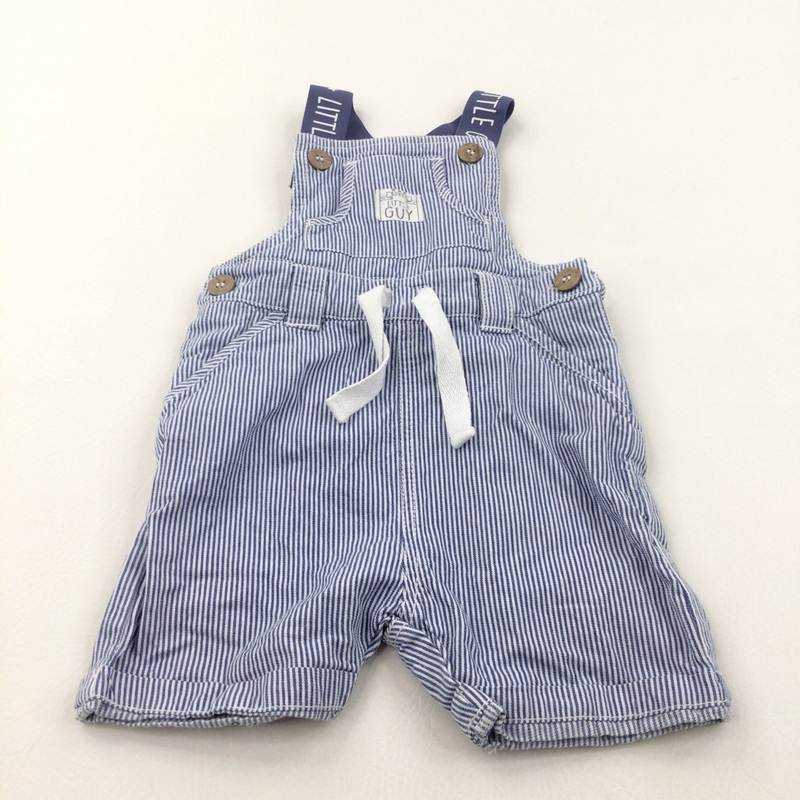 'Super Little Guy' Blue & White Striped Cotton Short Dungarees - Boys 12-18 Months