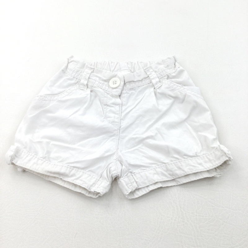 White Cotton Shorts with Adjustable Waistband - Girls 12-18 Months