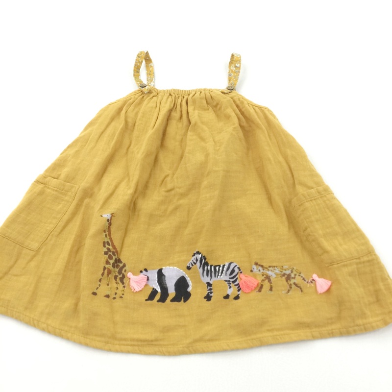 Wild Animals Embroidered Mustard Yellow Cotton Sun Dress - Girls 18-24 Months